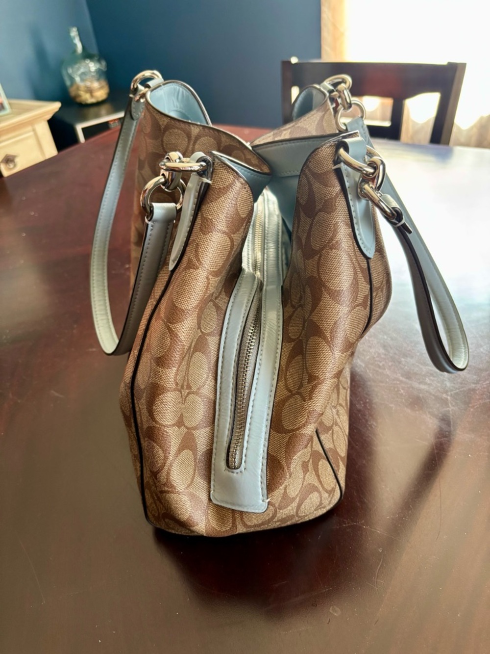 Coach Large Signature Canvas Shoulder Bag with Light Blue Trim - Picture 3 of 11